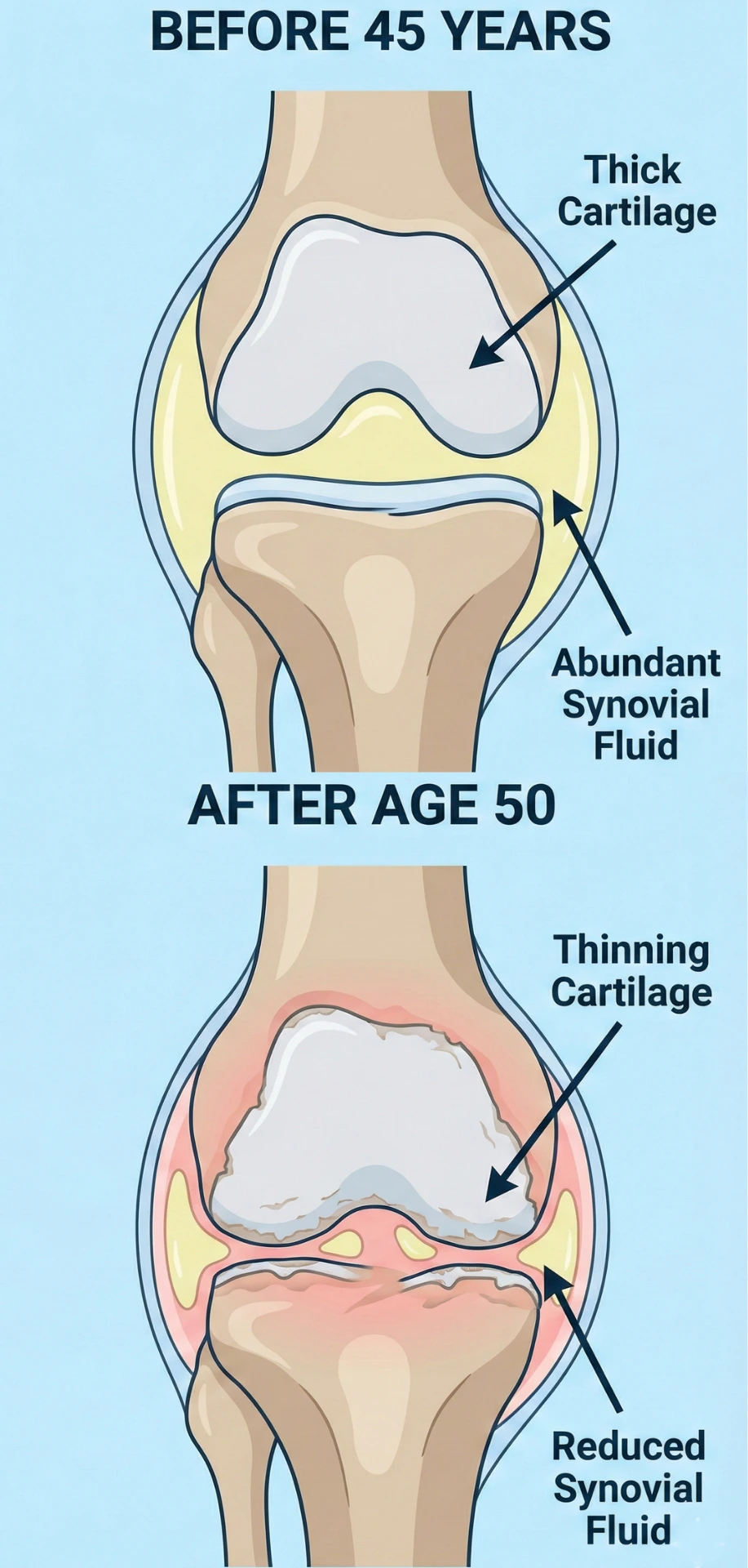 Vertical comparison of knee joint: top shows healthy joint before 45 years with thick cartilage and abundant synovial fluid; bottom shows aging joint after 50 with thinning cartilage and reduced synovial fluid